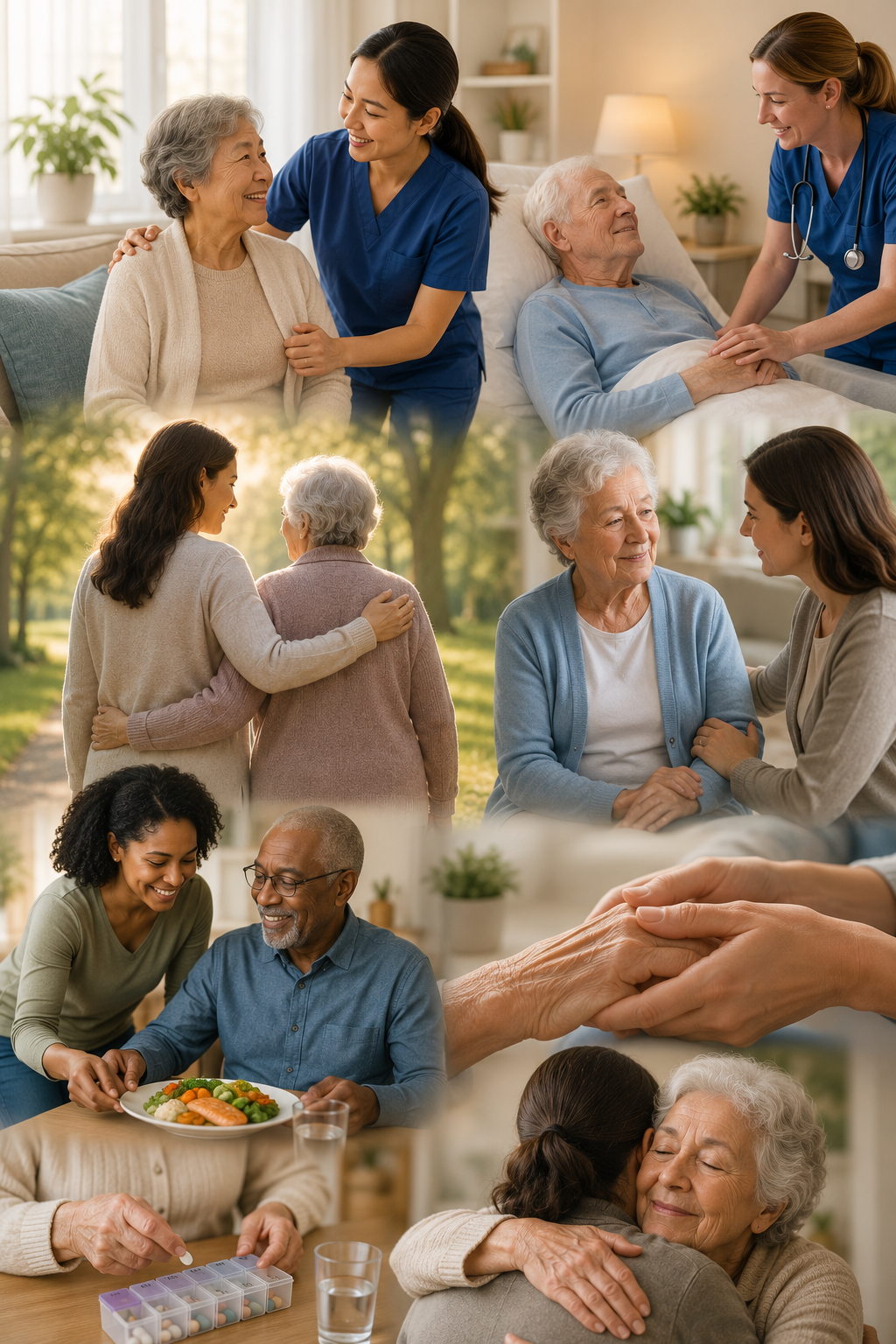 Compassionate long-term care collage showing caregivers assisting older adults with daily living, skilled nursing, medication management, meal support, mobility assistance, memory care, and family caregiving in a warm home setting.