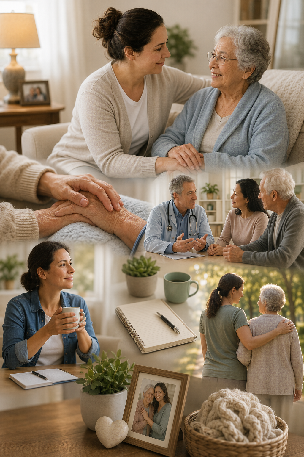 Portrait collage of family caregivers supporting older adults through compassionate care, healthcare planning, stress management, self-care, medical consultations, emotional support, and future care preparation in a comfortable home environment.