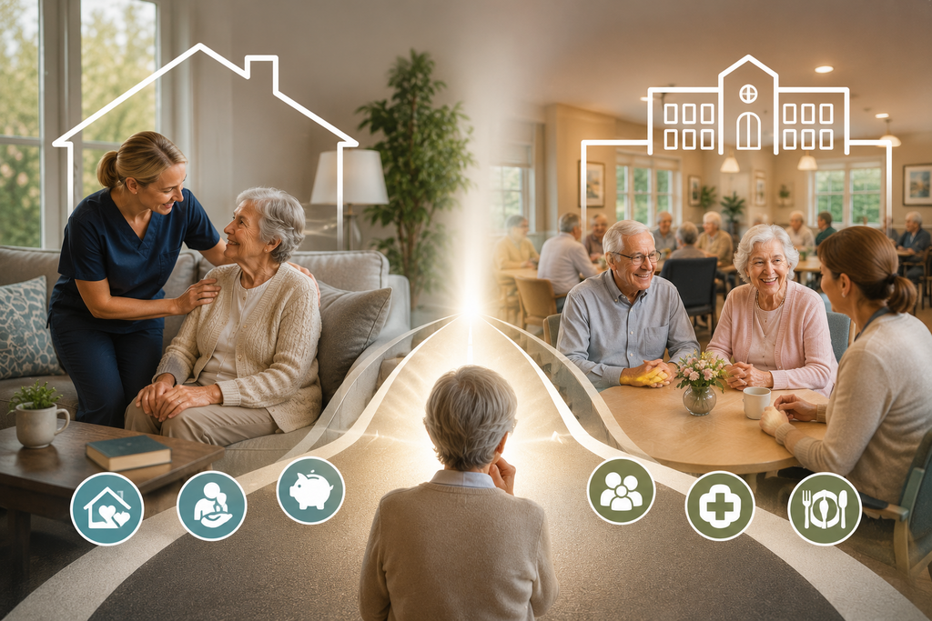Illustration comparing home care and assisted living, showing an older adult receiving personalized in-home care on one side and seniors participating in a supportive assisted living community on the other to help families evaluate long-term care options.