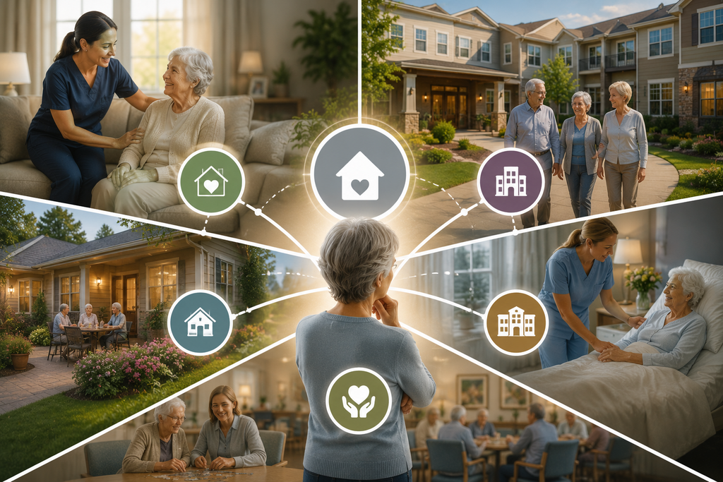 Illustration of long-term care setting options featuring in-home care, adult family homes, assisted living communities, skilled nursing facilities, and memory care to help families choose the most appropriate care environment for their needs.