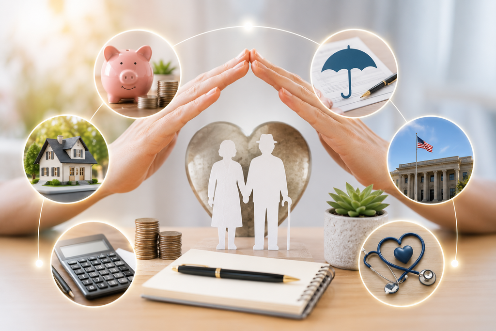 Conceptual illustration of long-term care financial planning featuring savings, insurance, government assistance, budgeting, healthcare costs, and retirement planning to help families prepare for future long-term care expenses.