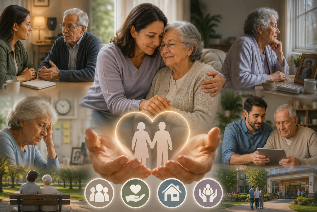 Compassionate illustration of an adult child supporting aging parents through meaningful conversations, emotional care, recognizing changing care needs, and exploring community resources for long-term support.