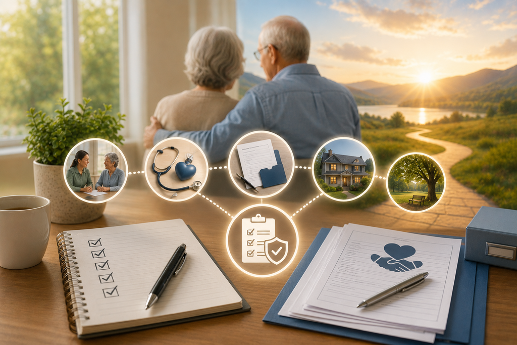 Illustration of long-term care planning featuring healthcare documents, future care planning, medical decision-making, financial preparation, and an older couple looking toward the future with confidence and peace of mind.