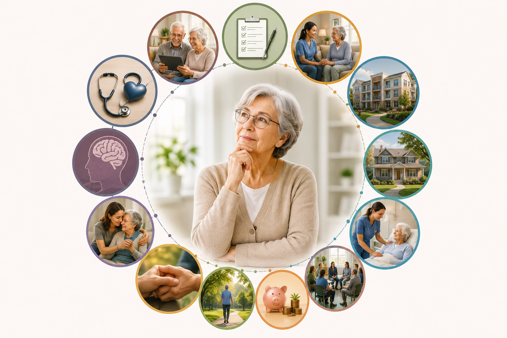 Portrait illustration showcasing a wide range of long-term care education topics, including care planning, in-home care, assisted living, adult family homes, skilled nursing, memory care, hospice and palliative care, family caregiving, healthy aging, financial planning, and community resources.