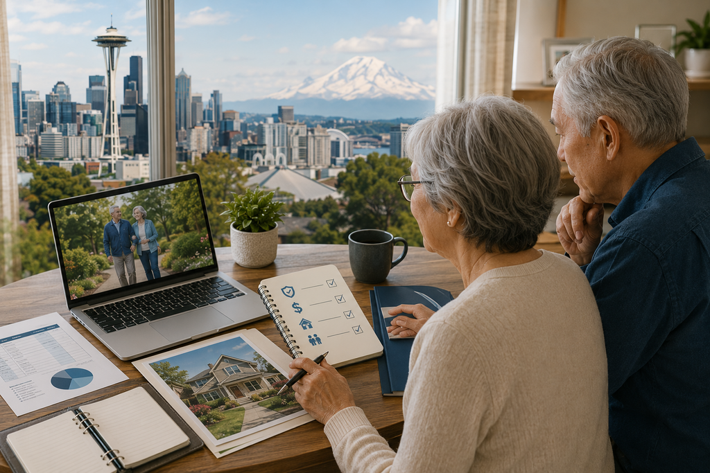Landscape illustration of a Seattle couple planning for future long-term care with legal documents, financial planning materials, care checklists, and the Seattle skyline in the background, representing proactive long-term care planning and decision-making.