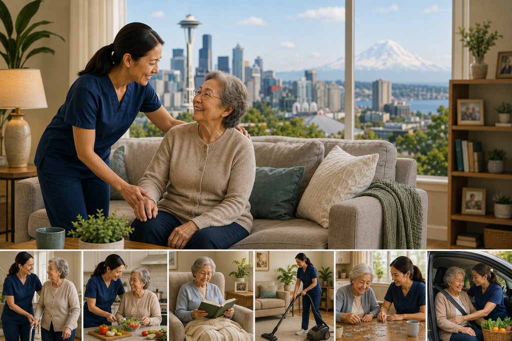 Landscape illustration of a senior receiving compassionate in-home care in Seattle, featuring a professional caregiver providing daily living assistance, companionship, meal preparation, housekeeping, and independent aging at home with the Seattle skyline in the background.