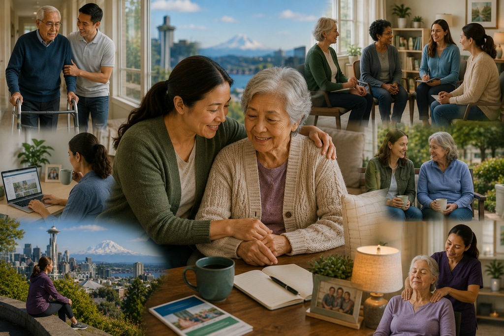 Landscape illustration of family caregivers in Seattle supporting older adults through daily care, emotional support, caregiver education, local support groups, stress management, and community resources with the Seattle skyline and Mount Rainier in the background.