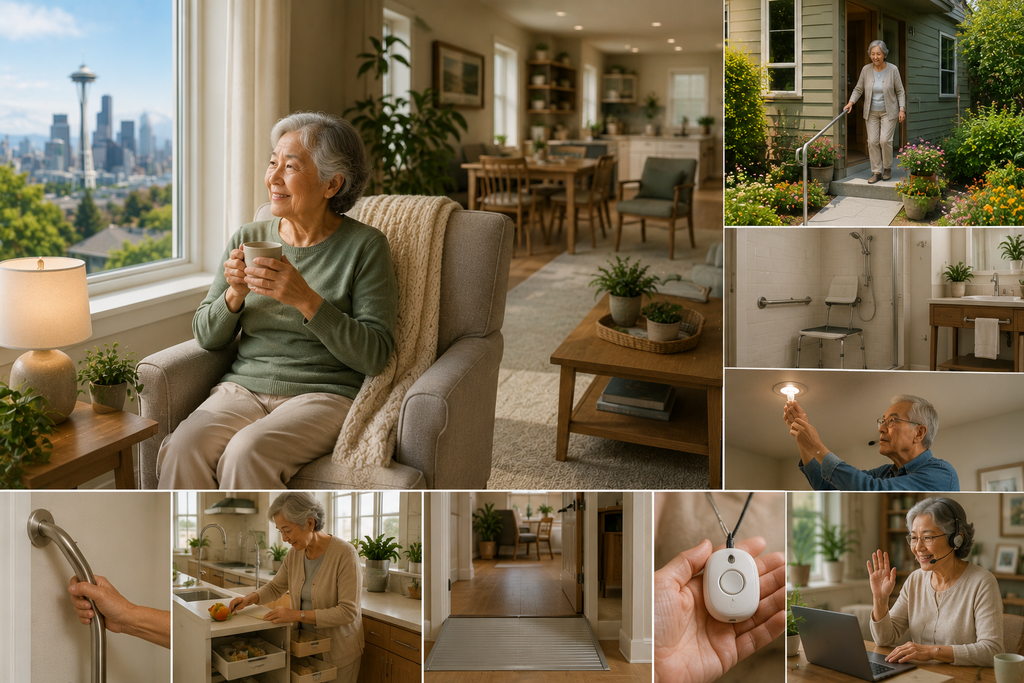 Landscape illustration of an older adult aging safely at home in Seattle with accessible home modifications, fall prevention features, grab bars, home safety improvements, independent living support, and aging-in-place planning with the Seattle skyline in the background.