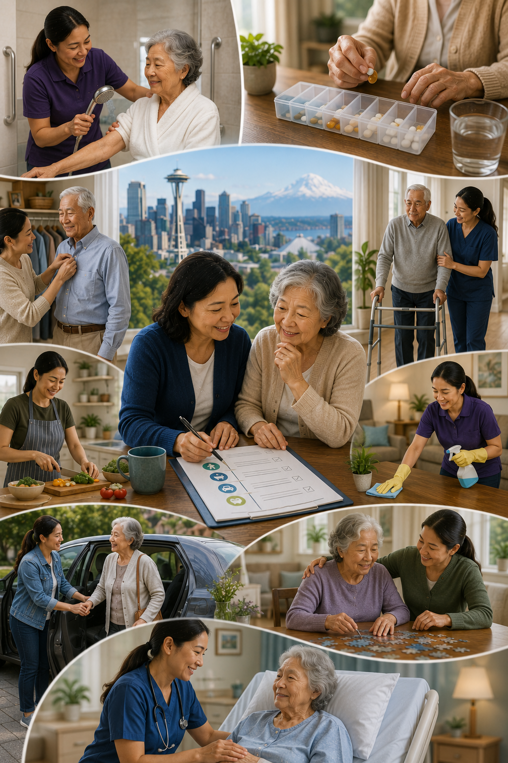 Portrait illustration showing the many aspects of long-term care, including personal hygiene assistance, bathing, grooming, dressing, meal preparation, medication reminders, mobility support, housekeeping, transportation, memory care, skilled nursing, and compassionate daily assistance for older adults and individuals with disabilities or chronic health conditions.