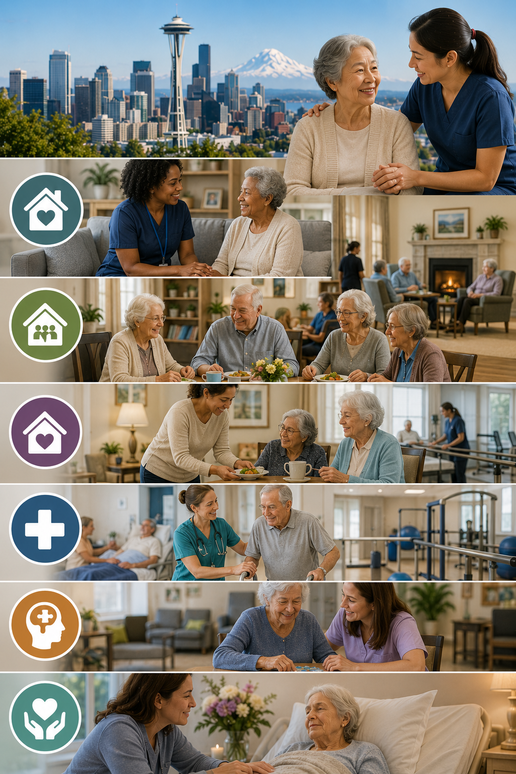 Portrait illustration showcasing the major long-term care services available in Seattle, including in-home care, assisted living communities, adult family homes, skilled nursing facilities, memory care, and hospice and palliative care, highlighting compassionate support for older adults with the Seattle skyline and Mount Rainier in the background.