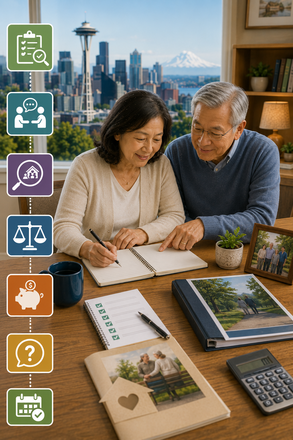 Portrait illustration of older adults creating a long-term care plan by assessing care needs, discussing future wishes with family, comparing care providers, researching financial assistance, organizing important information, and reviewing their plan regularly to support informed long-term care decisions.