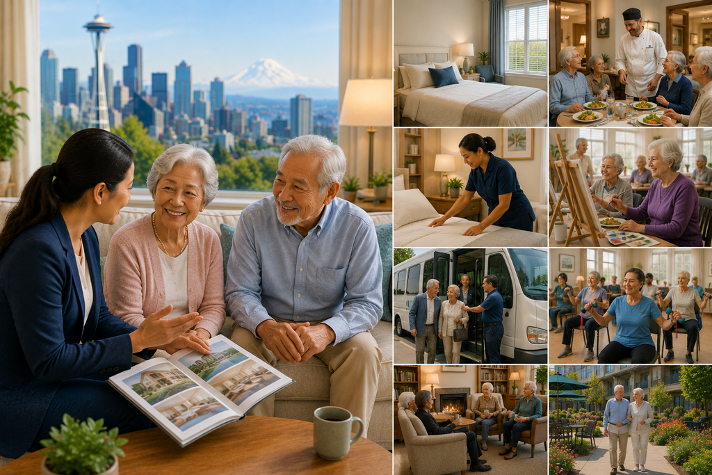 Landscape illustration showcasing the benefits of assisted living in Seattle, featuring private accommodations, chef-prepared meals, housekeeping, laundry services, wellness programs, scheduled transportation, social activities, around-the-clock staff support, and opportunities for older adults to build friendships in a welcoming community with the Seattle skyline and Mount Rainier in the background.