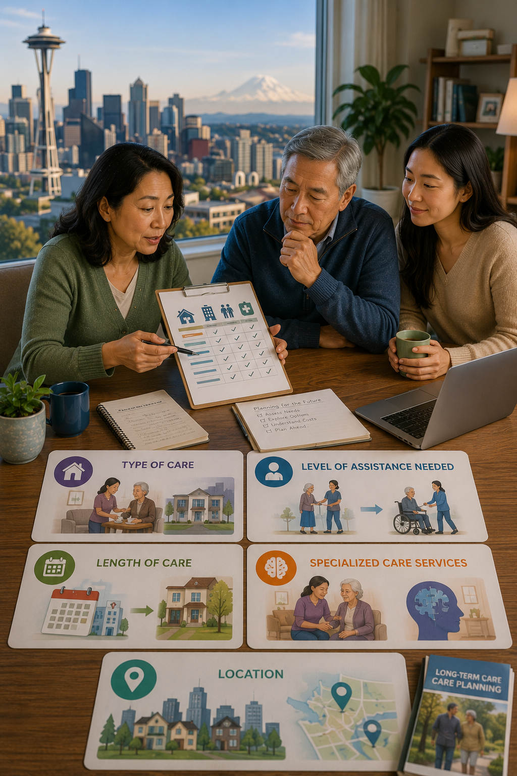 Portrait illustration of a Seattle family evaluating the factors that influence long-term care costs, including type of care, level of assistance required, duration of care, specialized memory care services, and location, while planning financially for future long-term care needs with the Seattle skyline and Mount Rainier in the background.