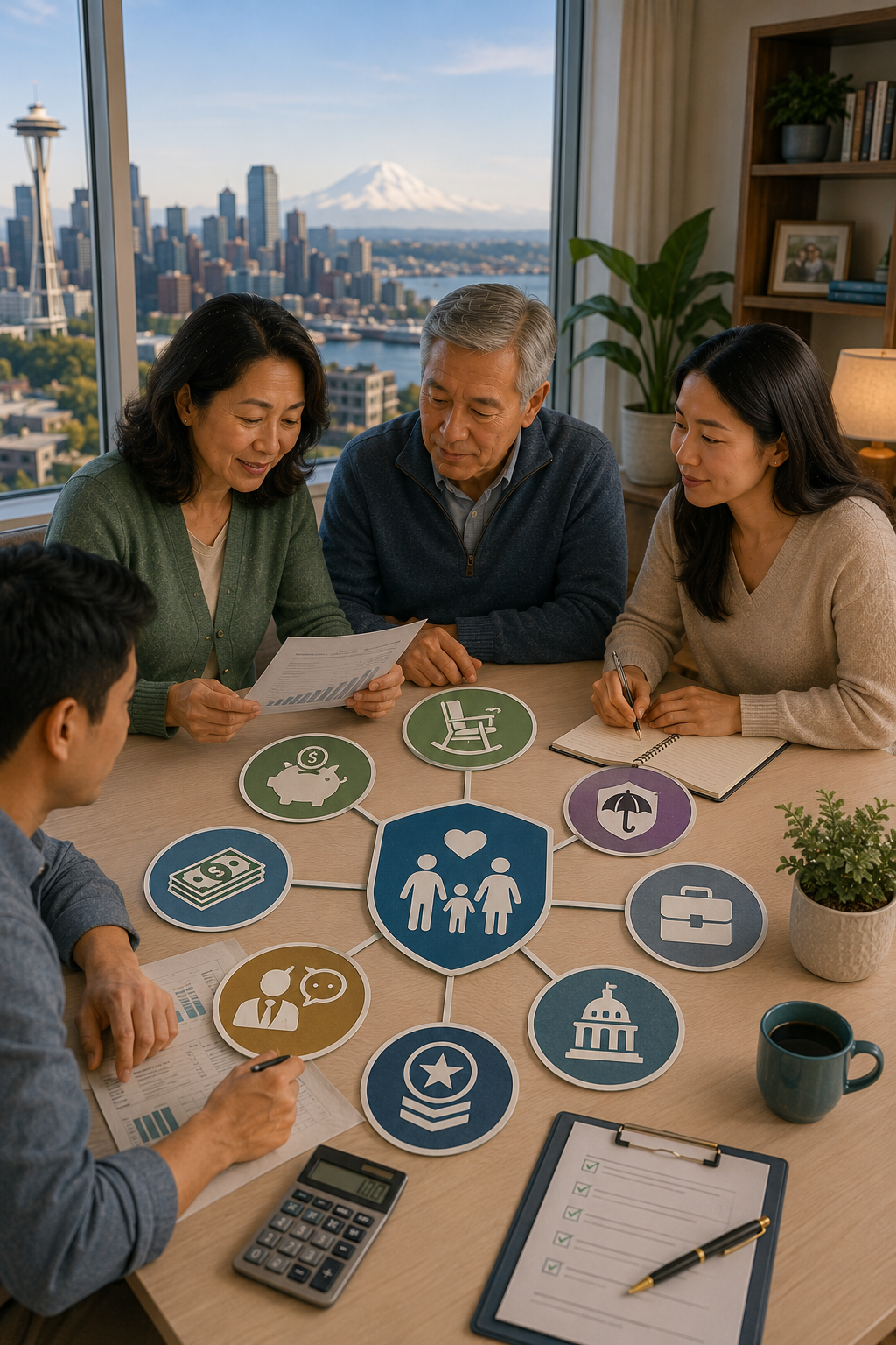 Portrait illustration of a Seattle family planning for future long-term care expenses by reviewing personal savings, retirement income, long-term care insurance, employer-sponsored benefits, government assistance programs, veterans benefits, and financial planning strategies with the Seattle skyline and Mount Rainier in the background.