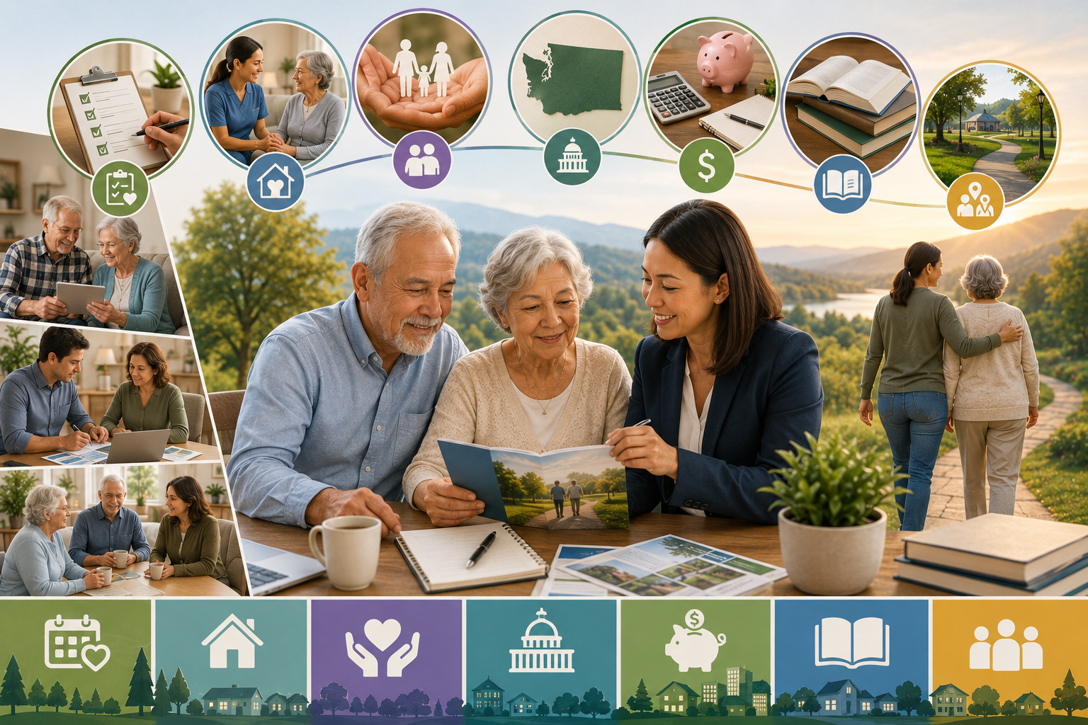 illustration highlighting long-term care educational resources, including care planning, family caregiving, Washington long-term care programs, financial planning, community resources, and guidance to help individuals and families prepare for future care needs.