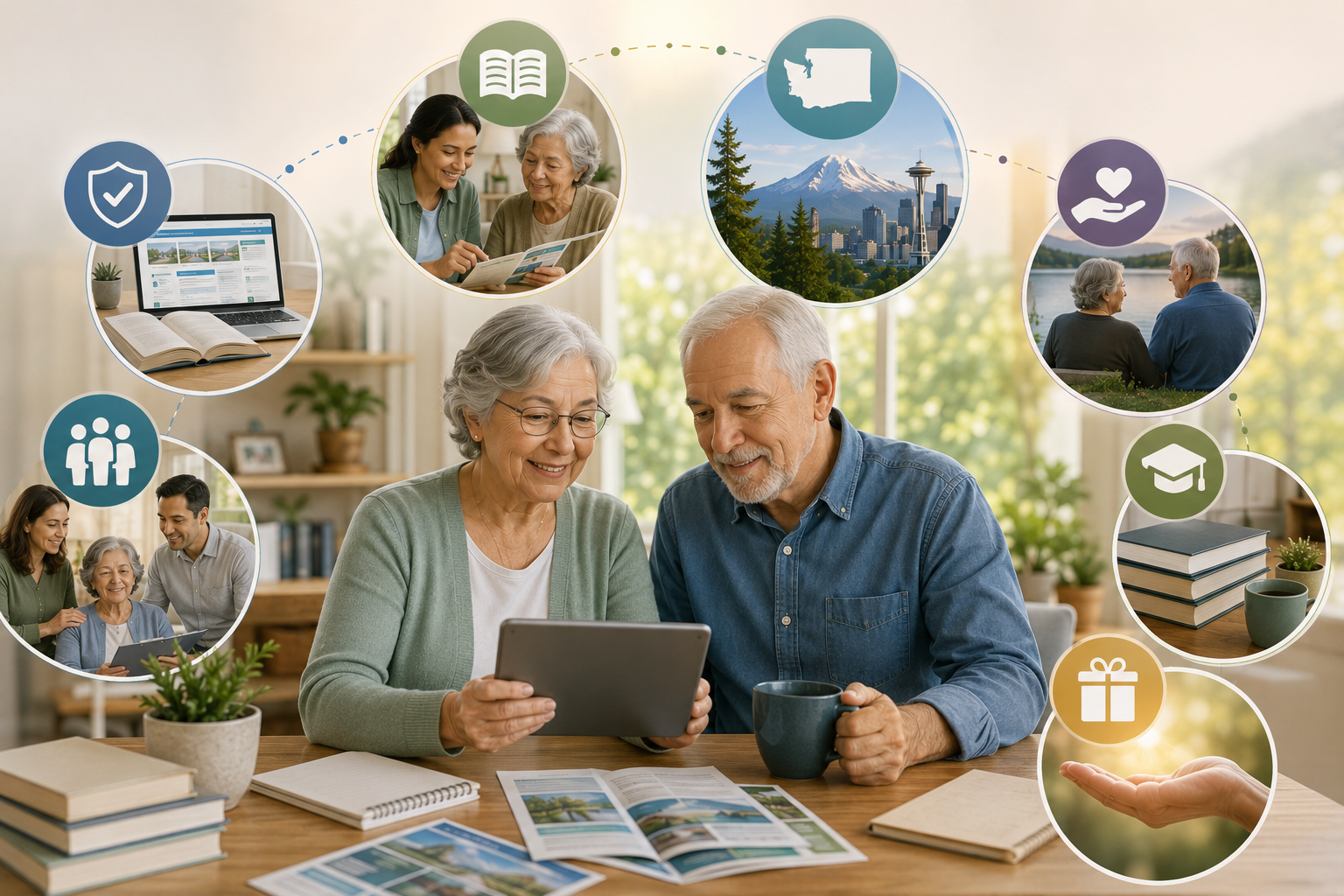 Landscape illustration showing Washington residents accessing trusted long-term care educational resources, including reliable guidance, easy-to-understand articles, financial planning information, family caregiving support, and free long-term care resources tailored to Washington State.