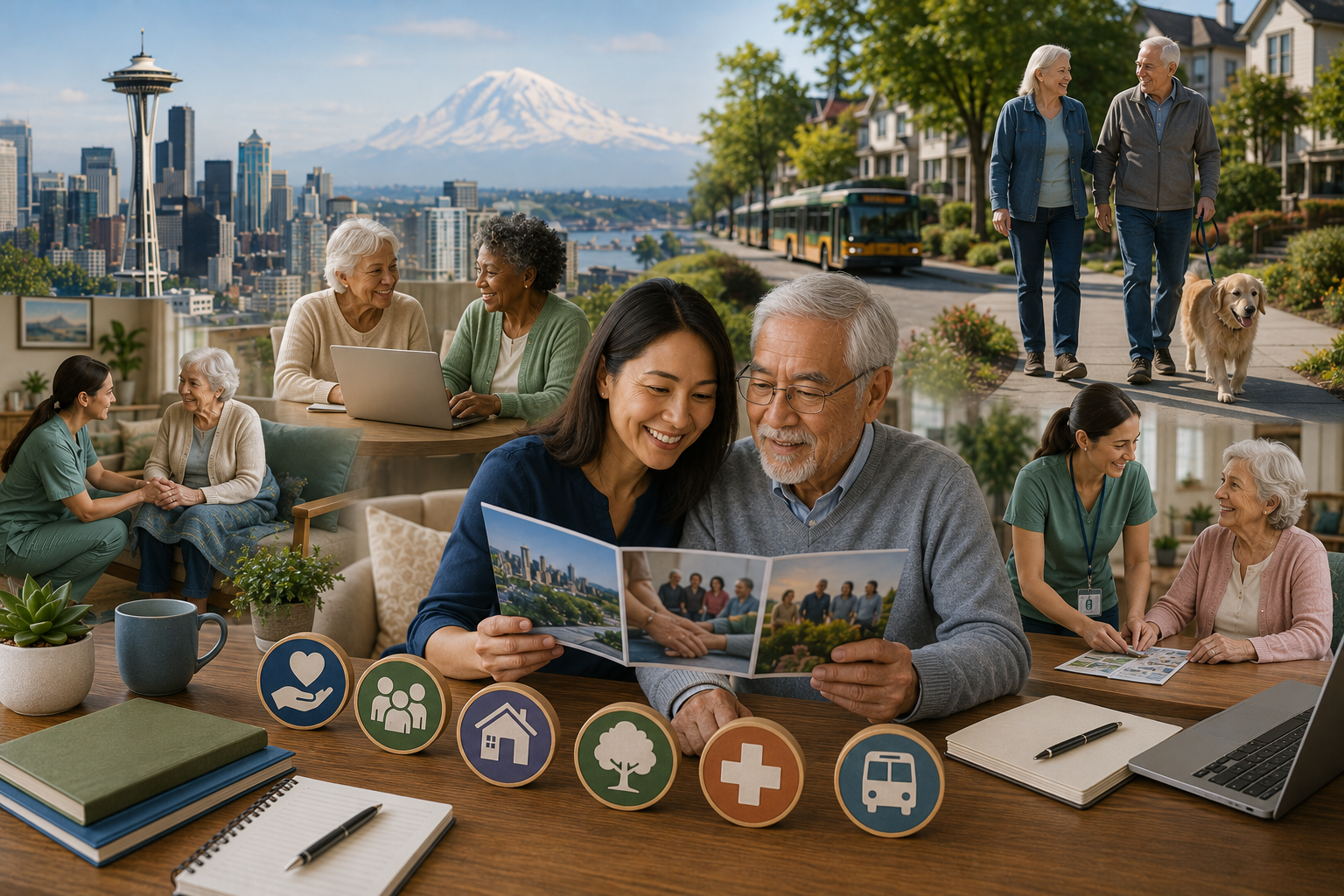 Landscape illustration featuring Seattle seniors and caregivers exploring local long-term care resources, community programs, support services, transportation, healthcare, and family caregiving assistance with the Seattle skyline and Mount Rainier in the background.