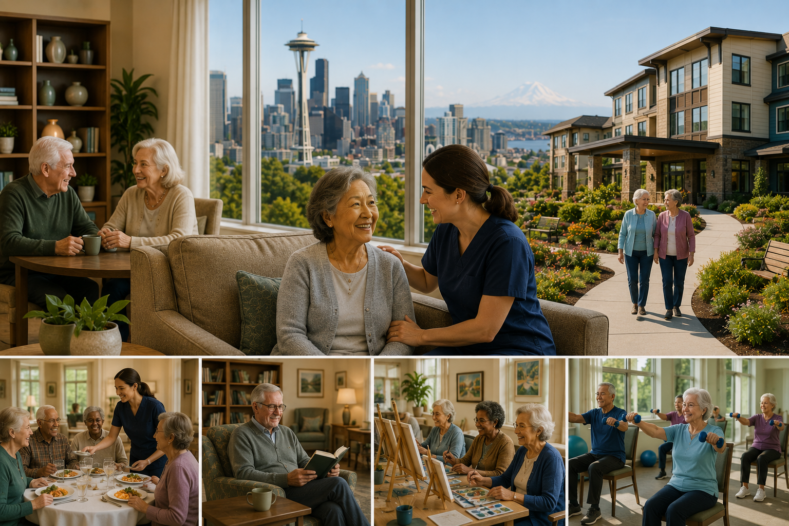 Landscape illustration of a modern assisted living community in Seattle featuring private residences, caring staff, social activities, dining, wellness programs, and supportive services that help older adults maintain independence with the Seattle skyline and Mount Rainier in the background.