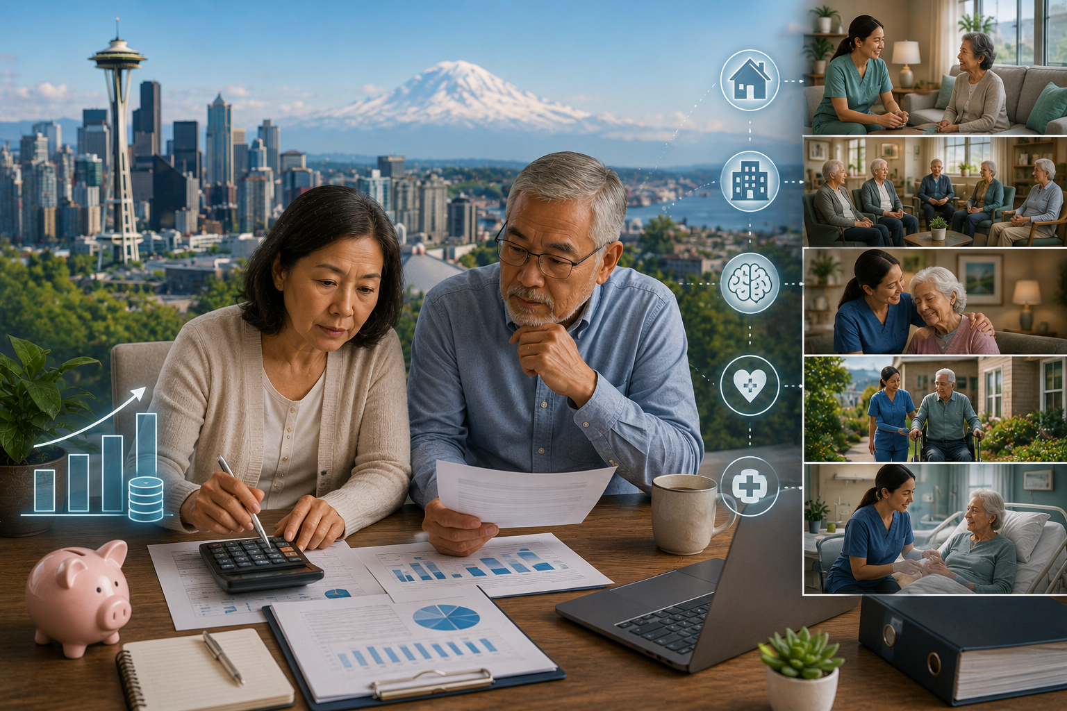 Landscape illustration of a Seattle family reviewing long-term care costs, comparing home care, assisted living, memory care, and skilled nursing expenses while evaluating budgets, service levels, caregiver qualifications, and financial planning with the Seattle skyline and Mount Rainier in the background.