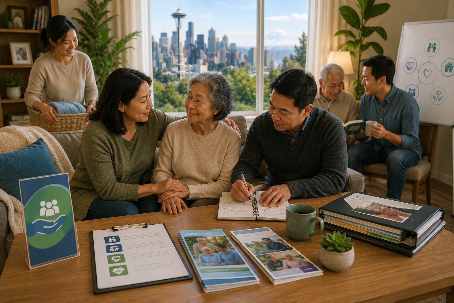 Landscape illustration of a Seattle family creating a caregiving plan together, highlighting caregiver education, family communication, respite care, local support services, community resources, and strategies to reduce caregiver stress while supporting an aging loved one.
