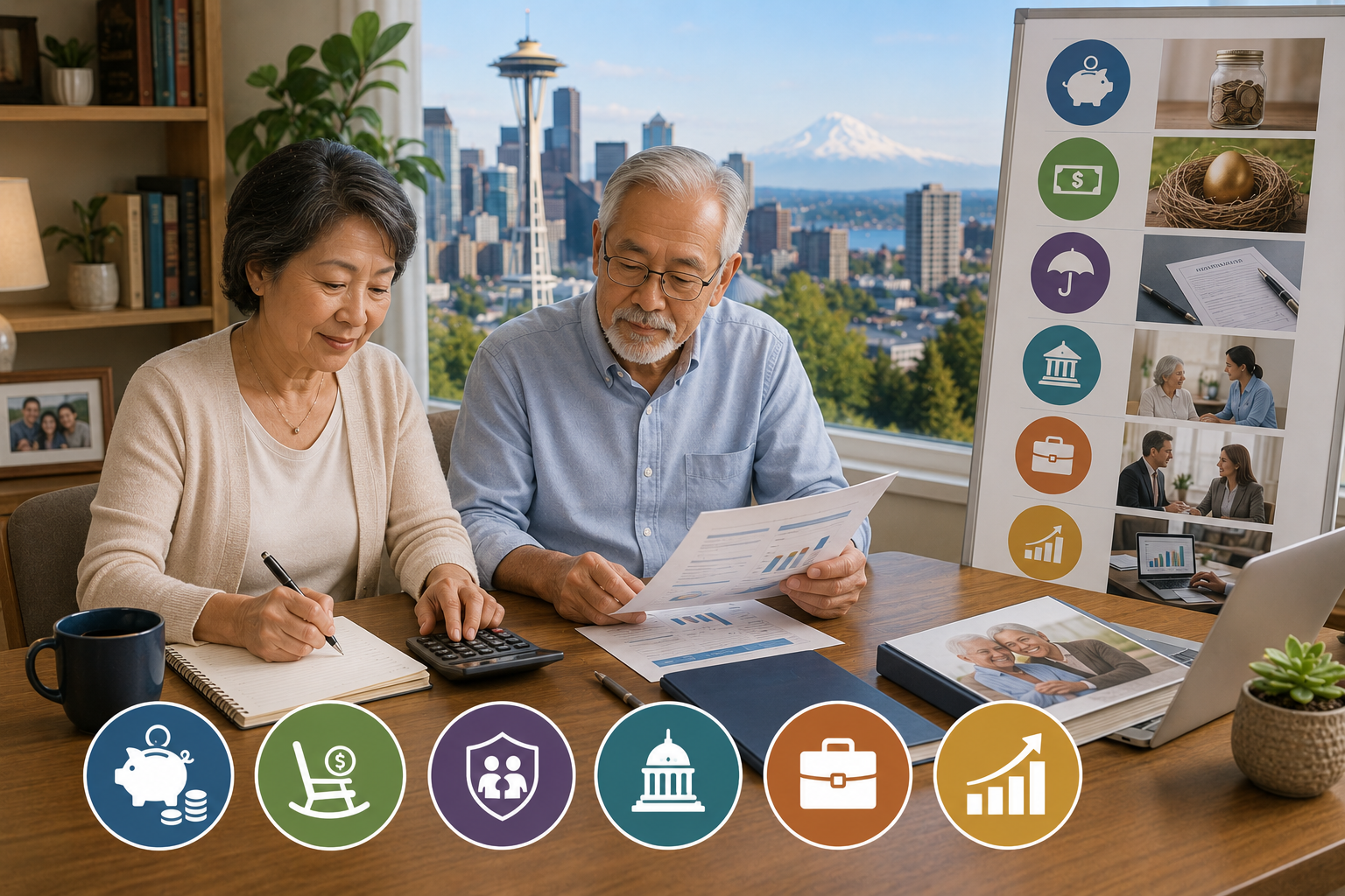 Landscape illustration of a Seattle couple planning for future long-term care expenses by reviewing financial documents, retirement income, personal savings, long-term care insurance, government assistance programs, employer benefits, and financial planning resources with the Seattle skyline and Mount Rainier in the background.