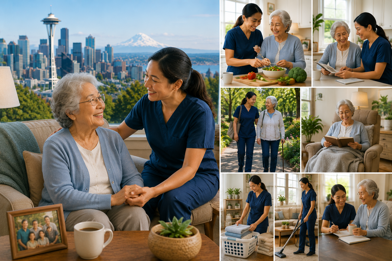 Landscape illustration showing the benefits of home care for older adults in Seattle, including personalized one-on-one care, greater independence, companionship, flexible scheduling, assistance with daily activities, family caregiver support, and improved quality of life while remaining safely at home.