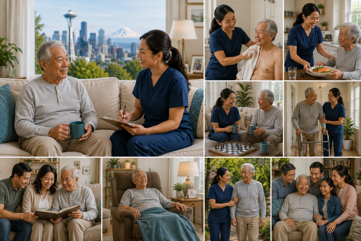 Landscape illustration of an older adult receiving personalized home care in Seattle, highlighting assistance with daily living, recovery after illness or surgery, mobility support, companionship, family involvement, and independent aging at home with the Seattle skyline and Mount Rainier in the background.