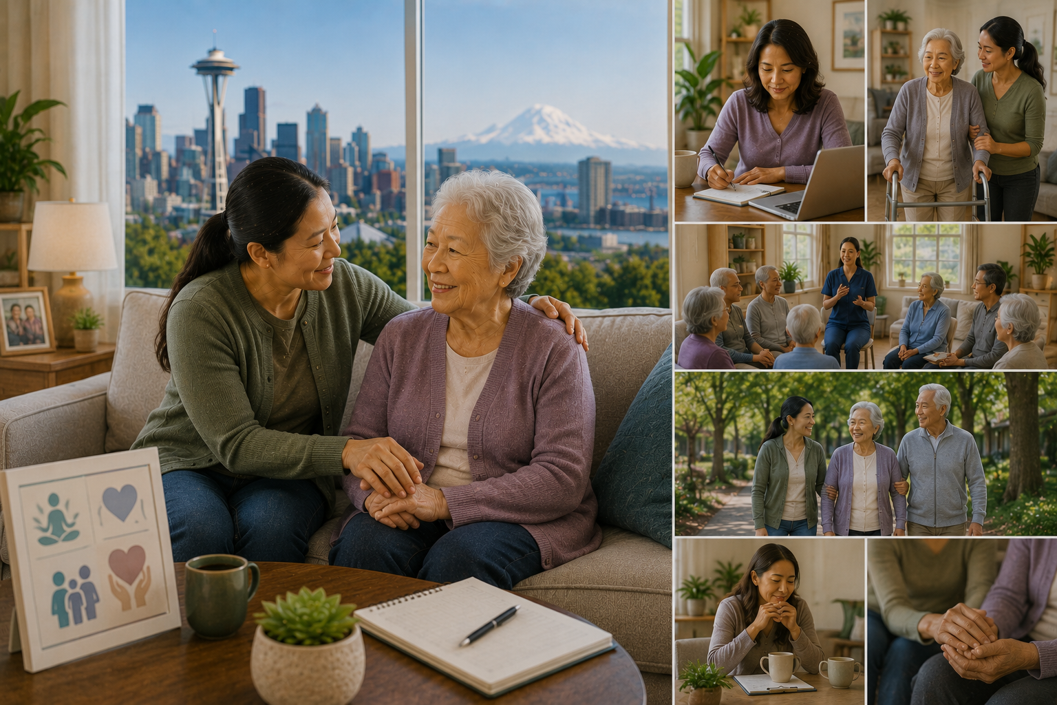 Landscape illustration of a Seattle family caregiver supporting an older loved one at home, highlighting caregiver education, respite care, adult day services, community support programs, family involvement, and resources that promote caregiver well-being and high-quality home care.