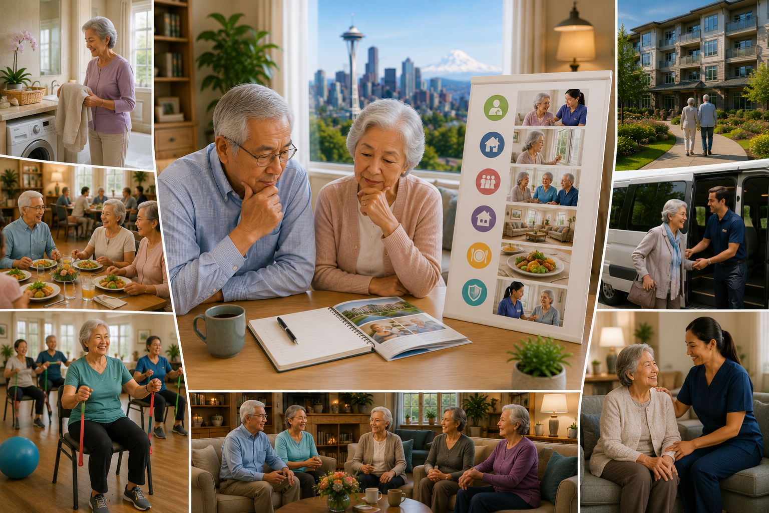 Landscape illustration of older adults evaluating whether assisted living is the right choice by considering daily care needs, home maintenance, social opportunities, prepared meals, transportation services, personal safety, and future care requirements while touring a welcoming assisted living community in Seattle.