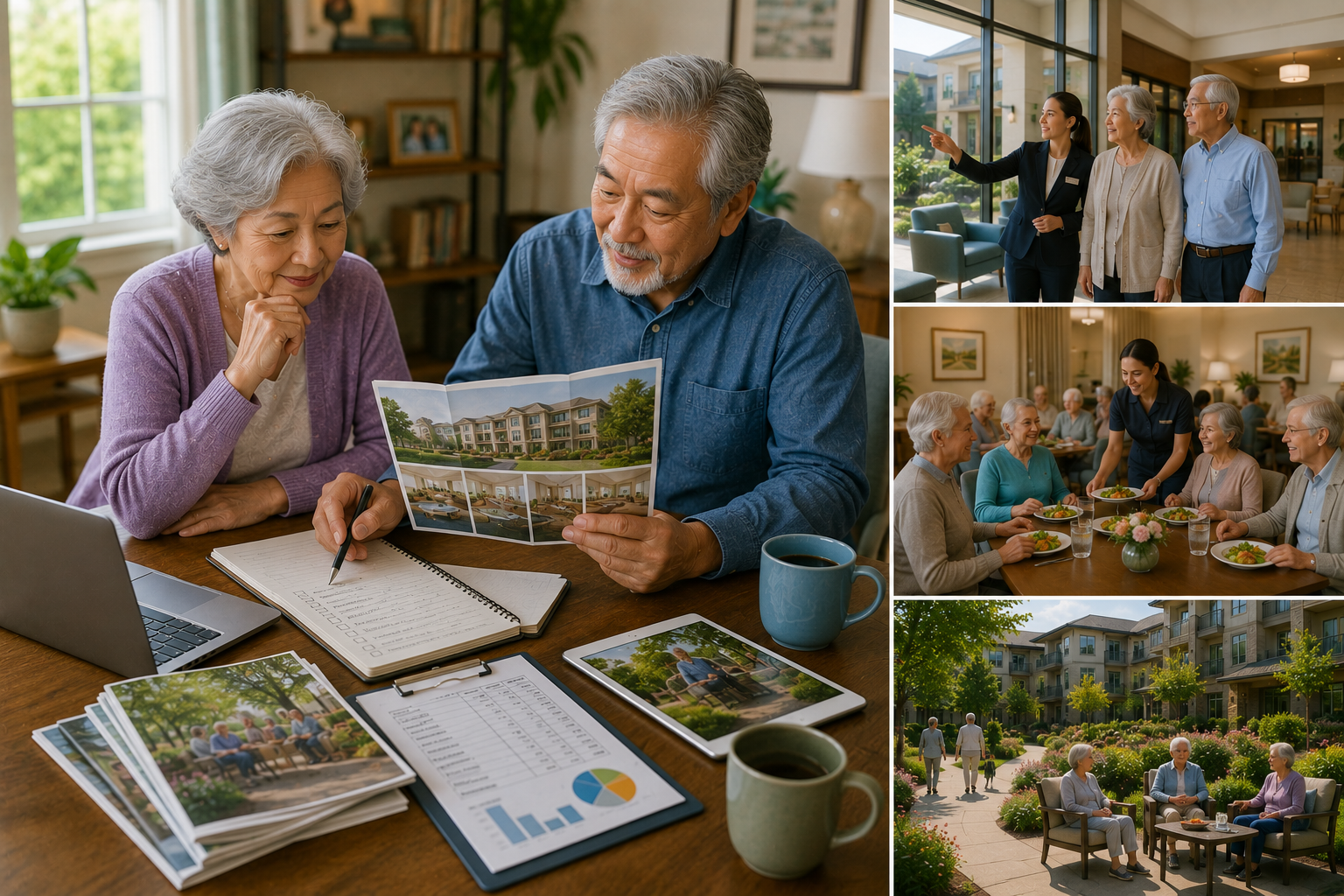 Landscape illustration of a Seattle couple planning ahead for assisted living by comparing communities, touring facilities, reviewing amenities and services, discussing future care preferences with family, evaluating costs, and updating their long-term care plan before an urgent need arises.