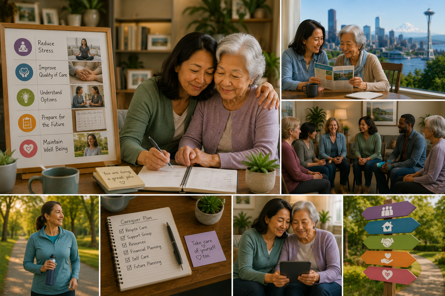 Landscape illustration showing the importance of caregiver support in Seattle, featuring family caregivers accessing education, respite care, support groups, care planning resources, and wellness activities that help reduce stress, prevent burnout, improve quality of care, and maintain their own physical and emotional well-being.