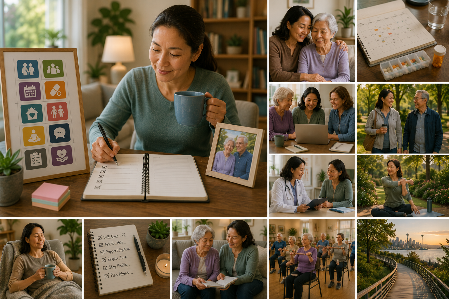 Landscape illustration of a Seattle family caregiver practicing healthy caregiving habits by staying organized, coordinating medical appointments, connecting with community resources, using respite care, exercising, attending personal healthcare visits, and planning ahead to provide sustainable, compassionate care for an aging loved one.