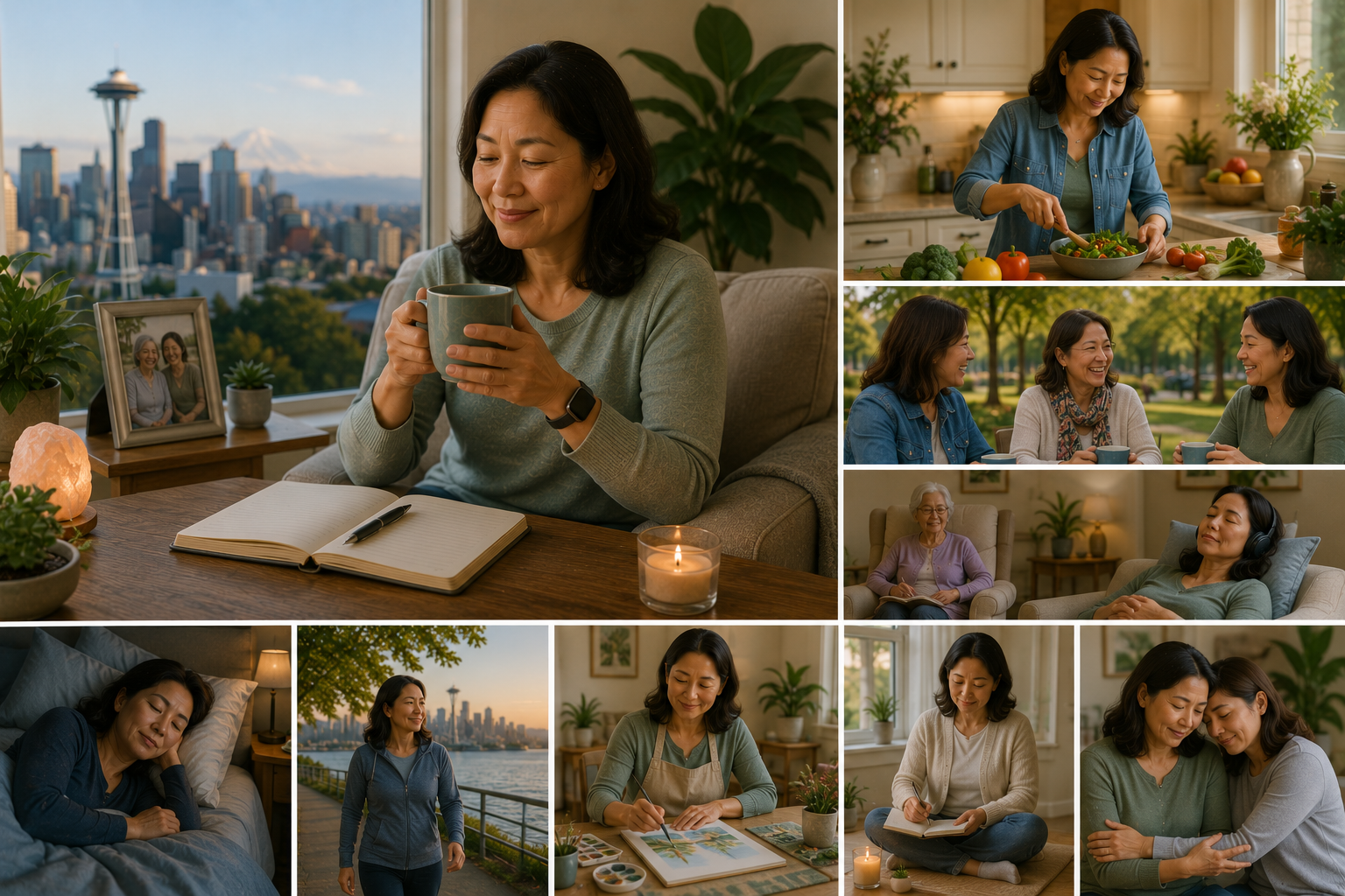 Landscape illustration of a Seattle family caregiver practicing self-care through healthy meals, quality sleep, exercise, hobbies, social connections, relaxation, and emotional support while balancing caregiving responsibilities to maintain long-term physical, mental, and emotional well-being.