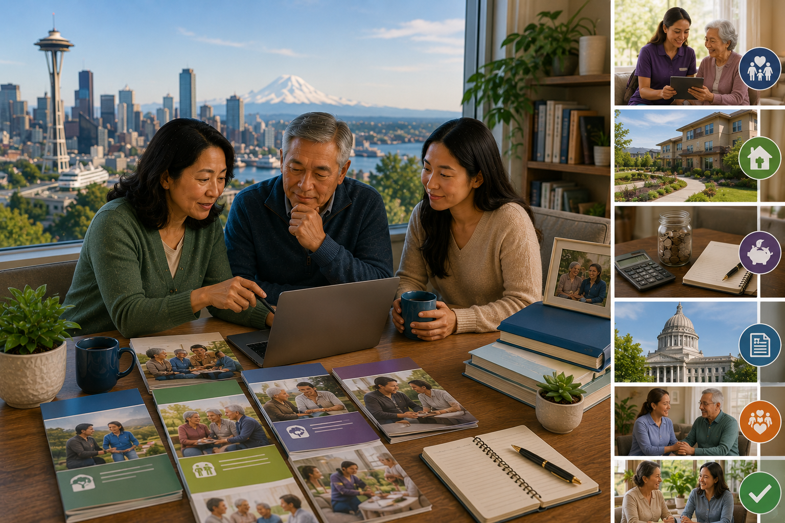 Landscape illustration of a Seattle family exploring trusted long-term care planning resources, educational guides, financial planning information, caregiver support services, public assistance programs, and community resources to make informed long-term care decisions, with the Seattle skyline and Mount Rainier in the background.