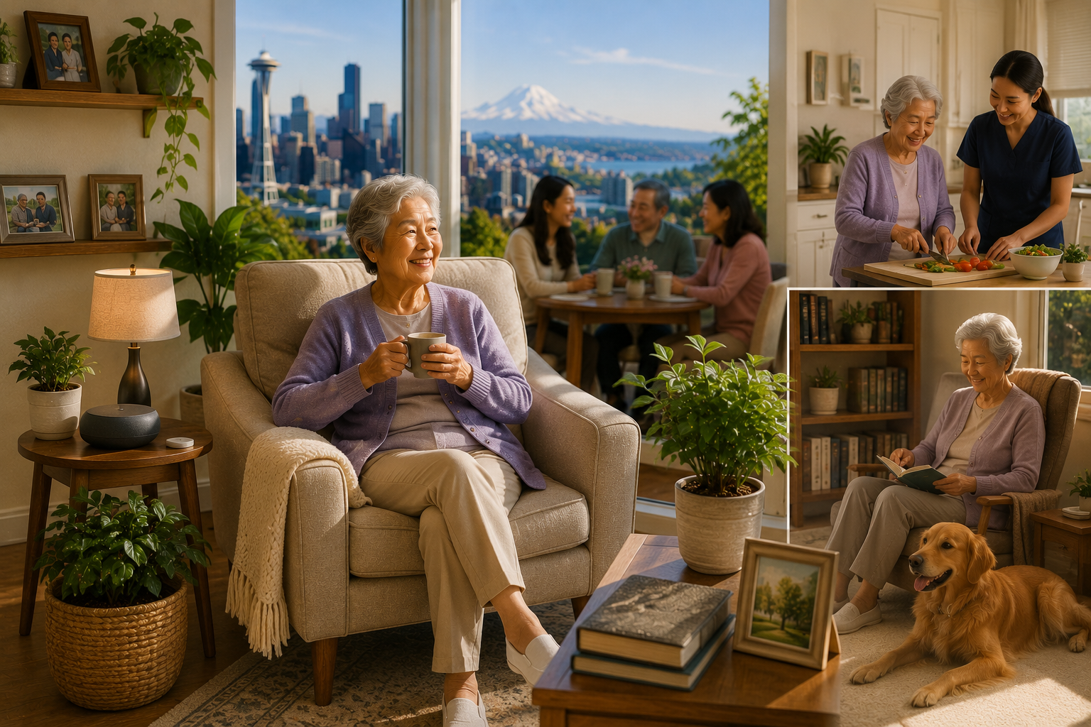 Landscape illustration of an older adult enjoying the benefits of aging in place in Seattle, surrounded by family, caregivers, and a familiar home environment that supports independence, privacy, community connections, personal care, emotional well-being, and a safe, comfortable lifestyle with the Seattle skyline and Mount Rainier in the background.