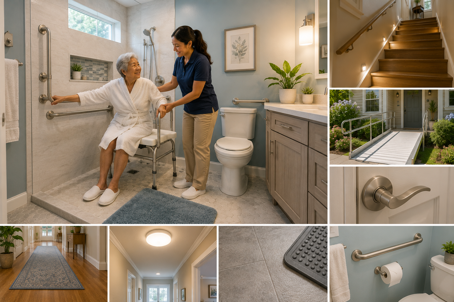 Landscape illustration of senior-friendly home modifications that support aging in place, featuring bathroom grab bars, improved lighting, handrails, non-slip flooring, wheelchair-accessible walkways, lever door handles, accessible entrances, and other safety improvements that help older adults live independently at home.