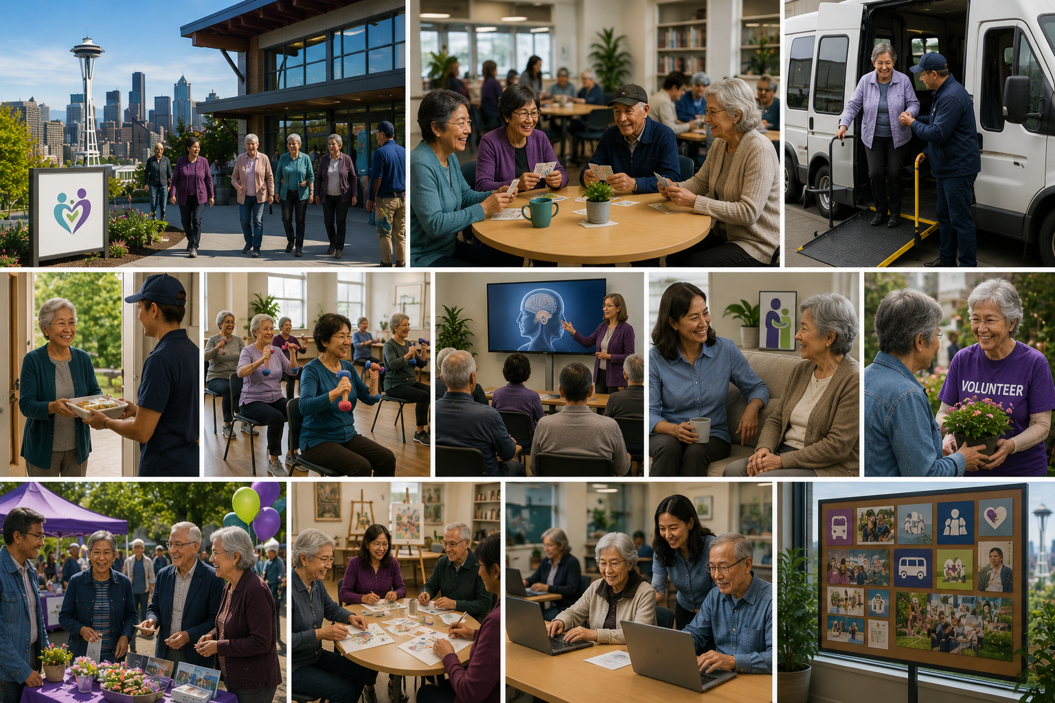 Landscape illustration of Seattle seniors participating in community programs, including senior centers, transportation services, meal delivery, wellness and fitness classes, health education, caregiver support, volunteer assistance, social events, and educational workshops that promote independence, healthy aging, and social connection.